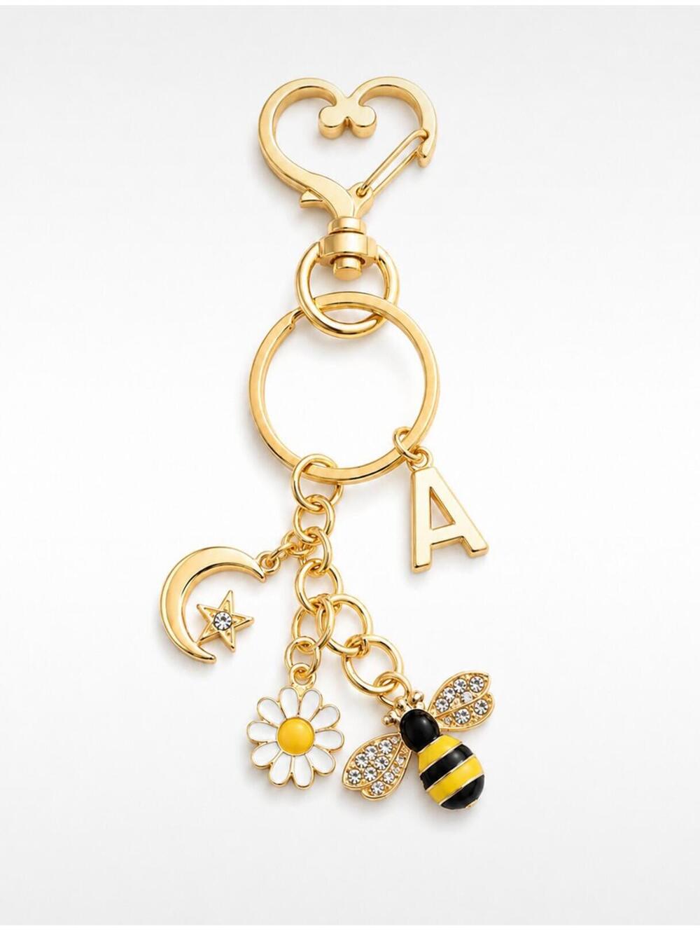Personalized Bee Daisy Moon Charm Keychain Gold Tone Initial